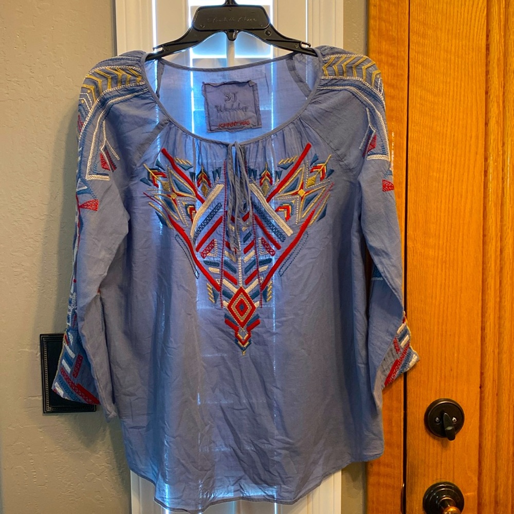Johnny Was Sky Blue Embroidered Peasant Blouse with Red & Yellow Accents